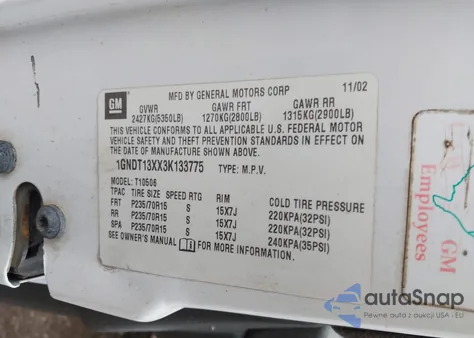 2003 Chevrolet Blazer Ls из США, поврежденный, VIN 1GNDT13XX3K133775